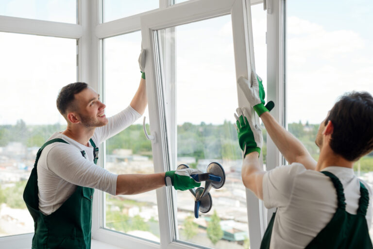 Workers installing a window. Two guys with uplifted mood are mounting a window section on hinges of the sash.